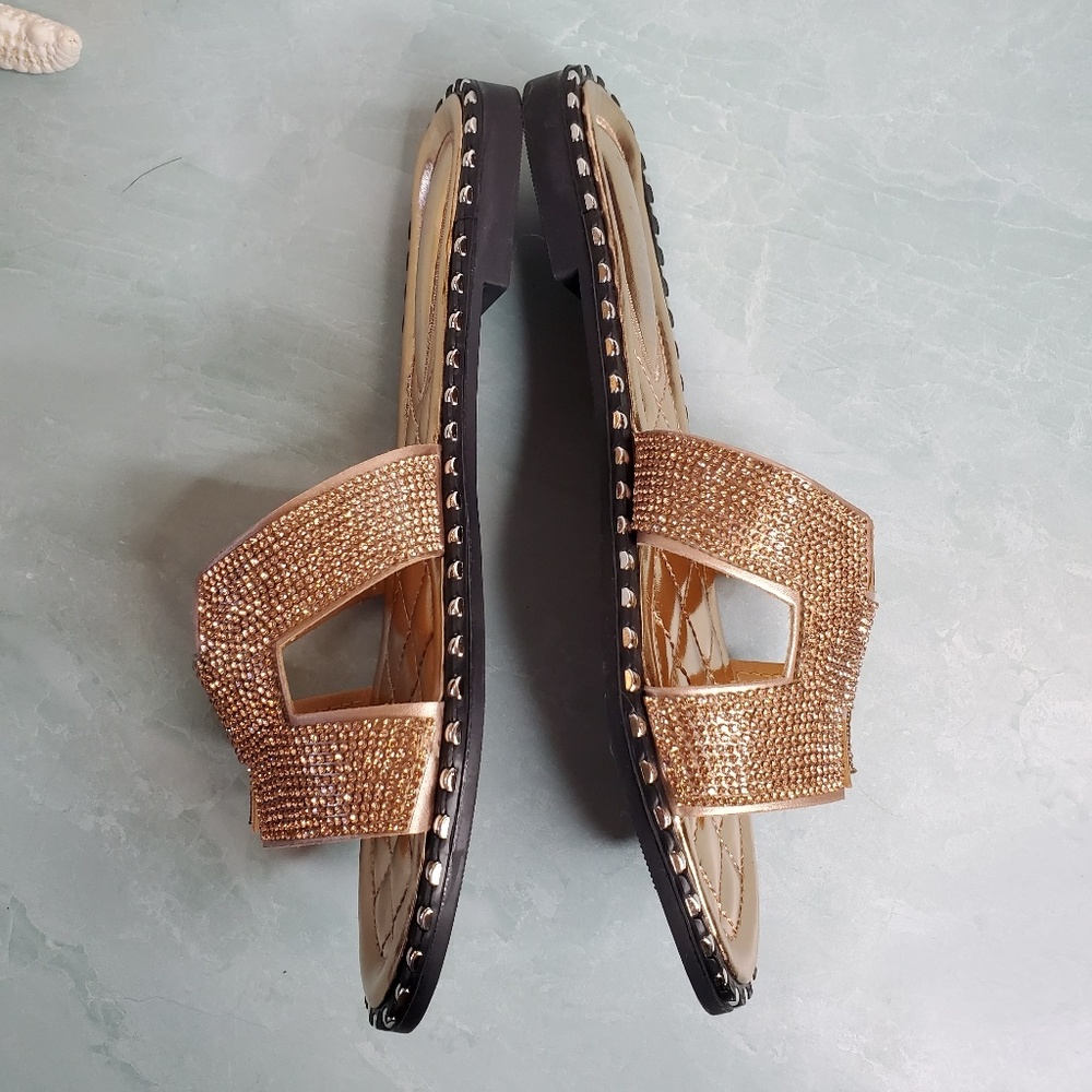 New Rose Gold Sparkle Cut-Out Slide Sandals - Picture 8 of 8